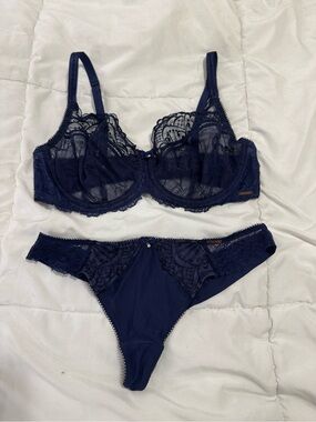 Autograph Navy Blue Lace Underwire Bra & Brief Set